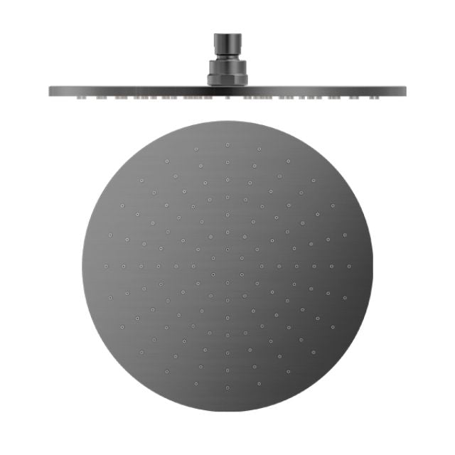 Nero round 300mm shower head in graphite, front view, with wall-mounted connector and spray nozzles visible