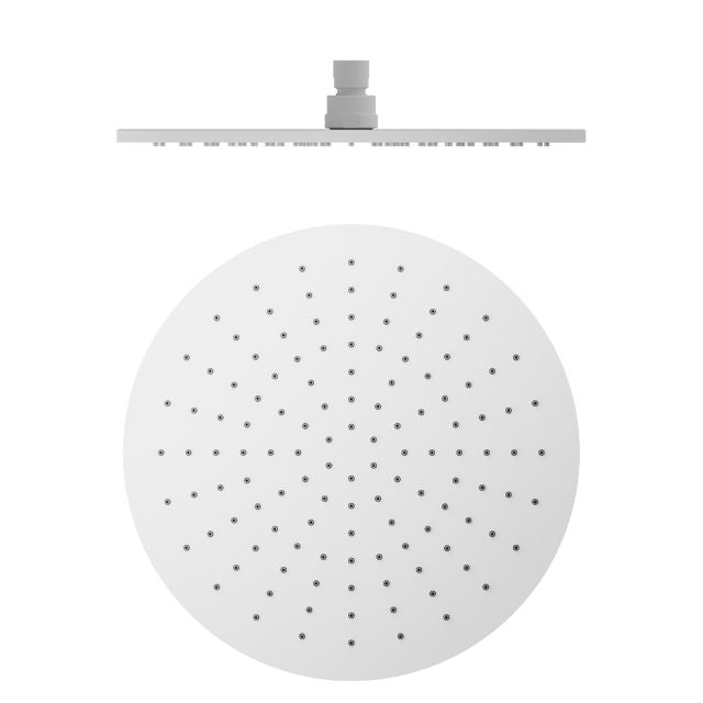 Nero 300mm round shower head in matte white, front view with slim overhead profile and spray nozzles visible