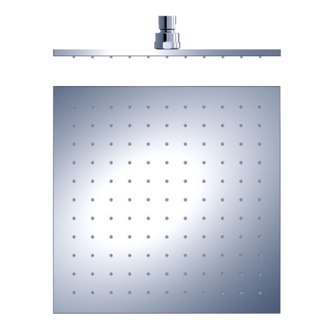 Nero 300mm square chrome shower head with single spray face and top connector, front view on white background