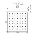 Nero 300mm square shower head technical drawing in matte black, showing front and side dimensions and G1/2 connection