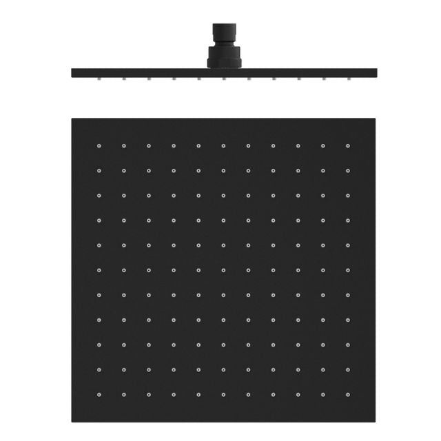 Nero 300mm square shower head in matte black, front view with slim square face and single central connector