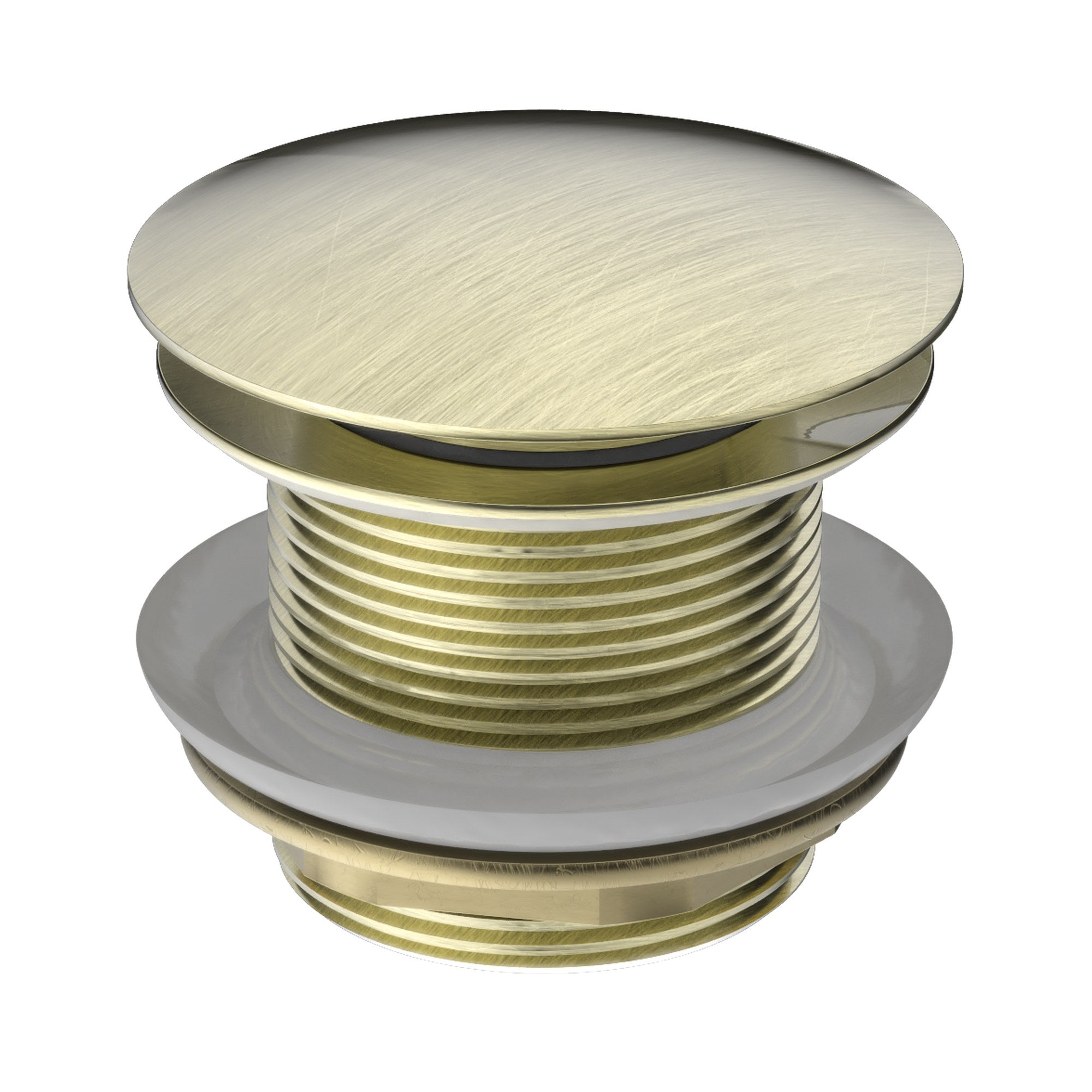 Nero bath pop-up waste plug in aged brass, round brushed finish, isolated on white background