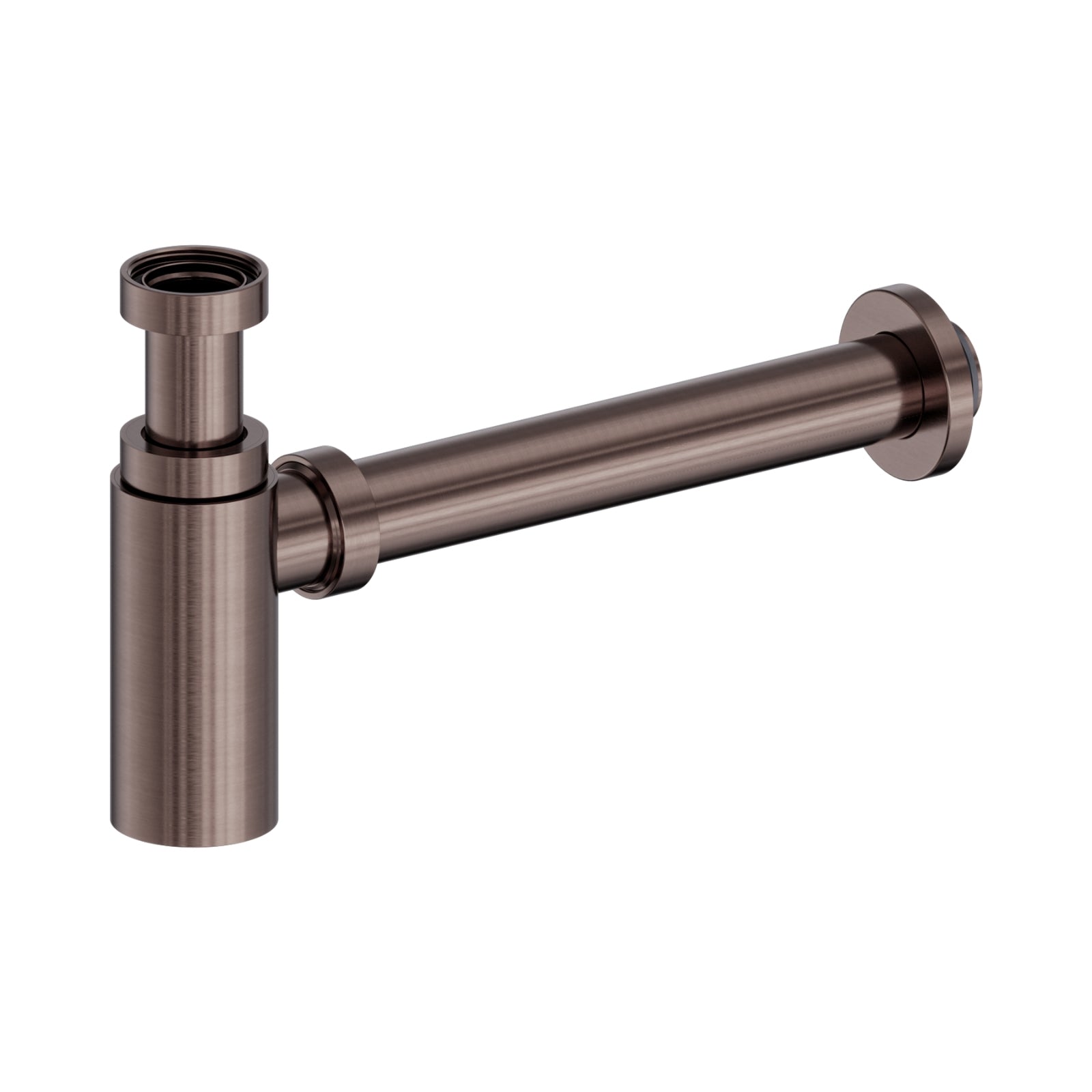 Nero round bottle trap in brushed bronze, shown in side view on a white background