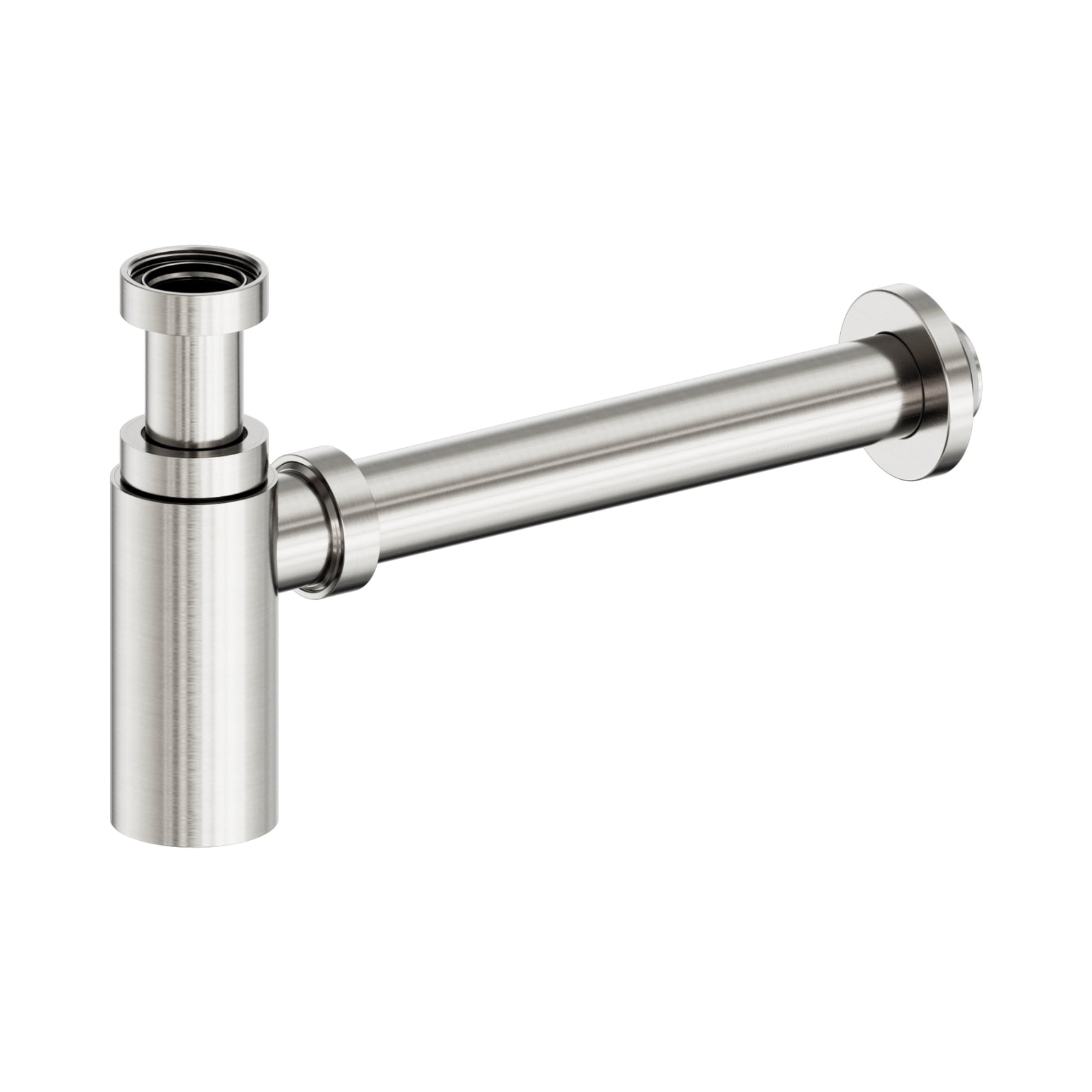 Nero 40mm round bottle trap in brushed nickel finish, shown in a side view on white background