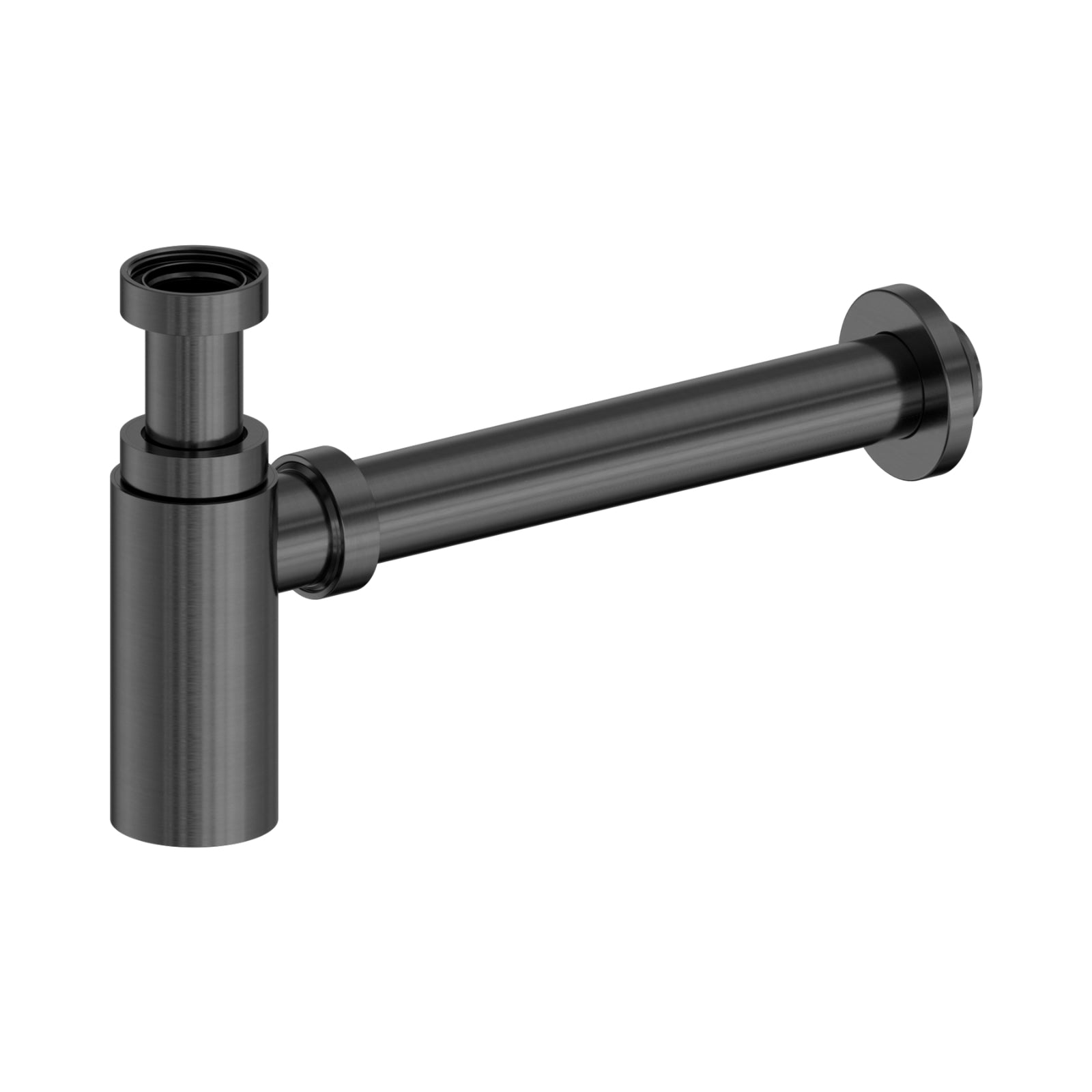 Nero 40mm round bottle trap in gun metal, stainless steel exposed basin waste trap on white background