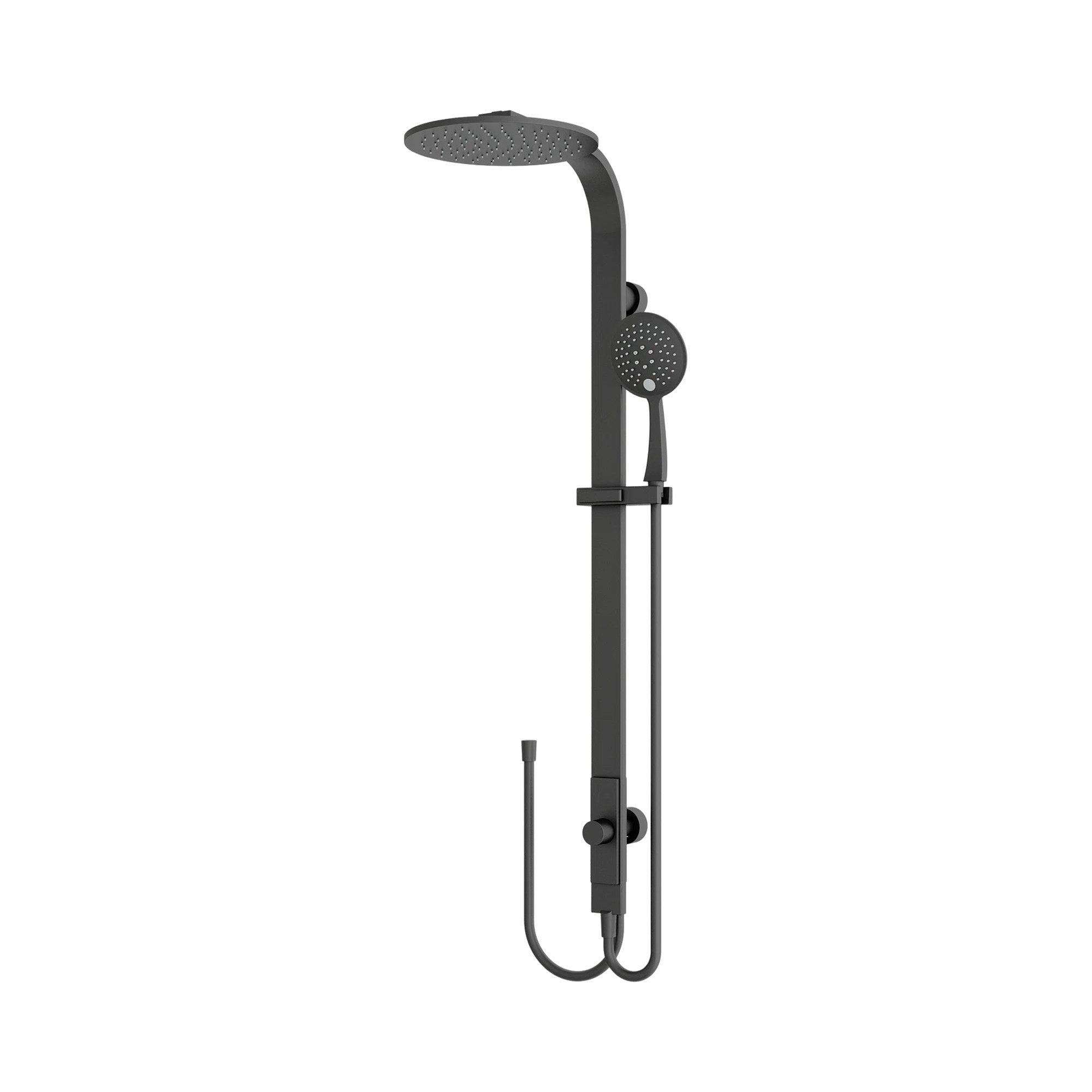 Nero Astra twin shower in matte black, with round overhead rain shower, handheld rail shower and hoses on a wall-mounted rail
