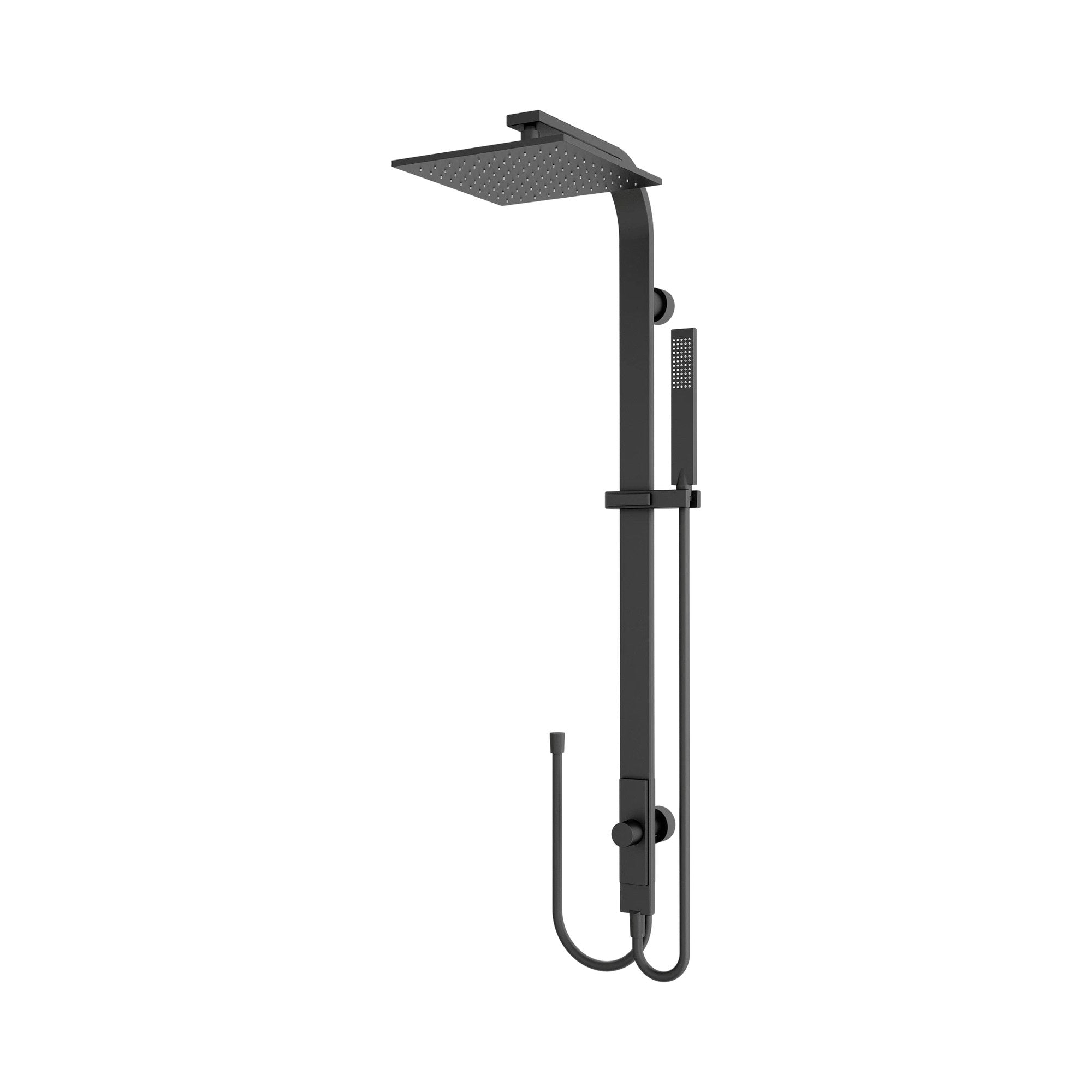 Nero Astra square twin shower in matte black, with overhead rain shower, handheld handset and exposed wall rail on white background