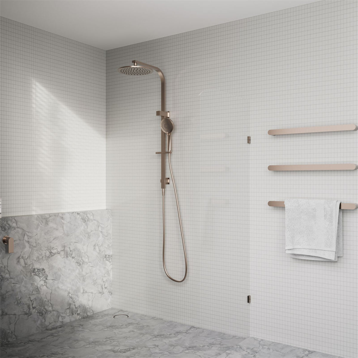 Nero Bianca brushed bronze single heated towel rail in a modern bathroom, shown with a white towel on the wall