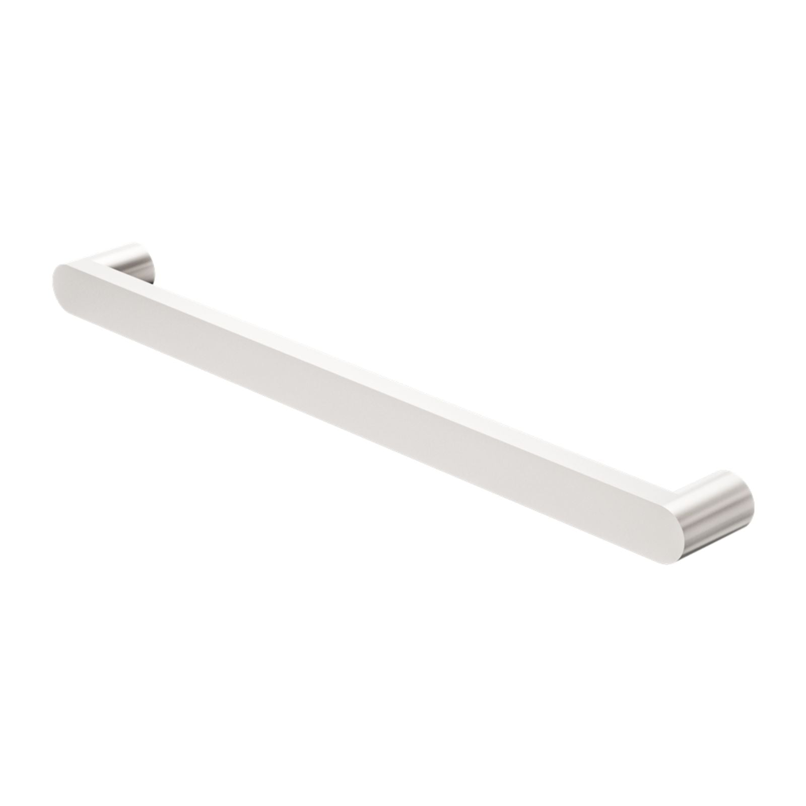 Nero Bianca single heated towel rail in brushed nickel, slim round bar on white background, angled view
