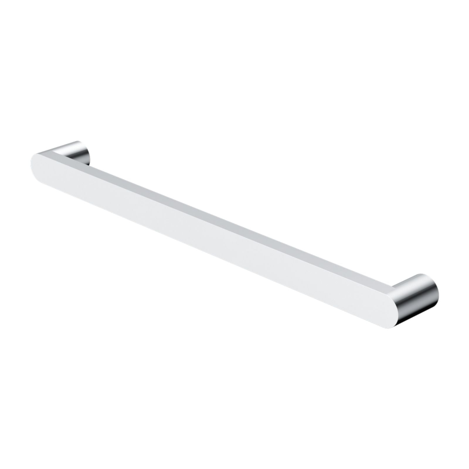 Nero Bianca single heated towel rail in chrome, shown in angled product view with round mounts and slim bar