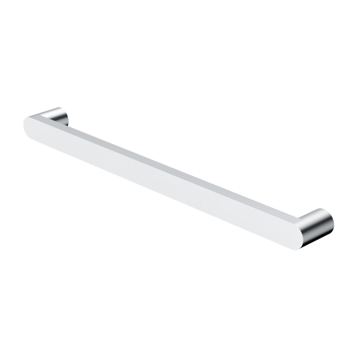 Nero Bianca single heated towel rail in chrome, shown in angled product view with round mounts and slim bar