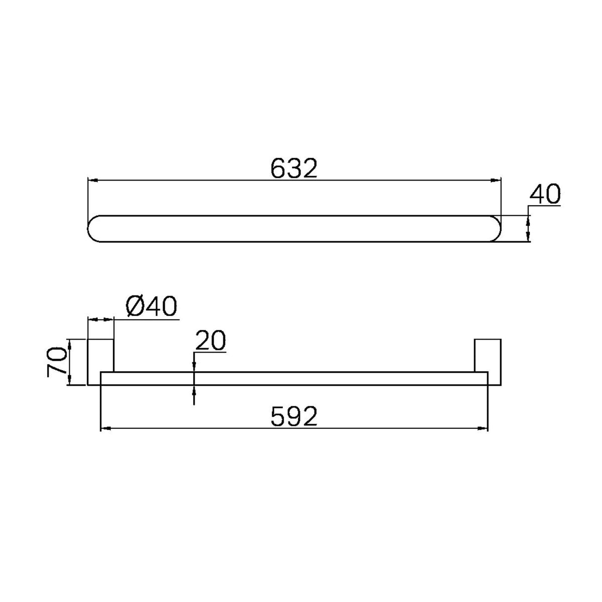 Technical drawing of Nero Bianca single heated towel rail, showing 632mm width, 40mm depth and 592mm fixing distance