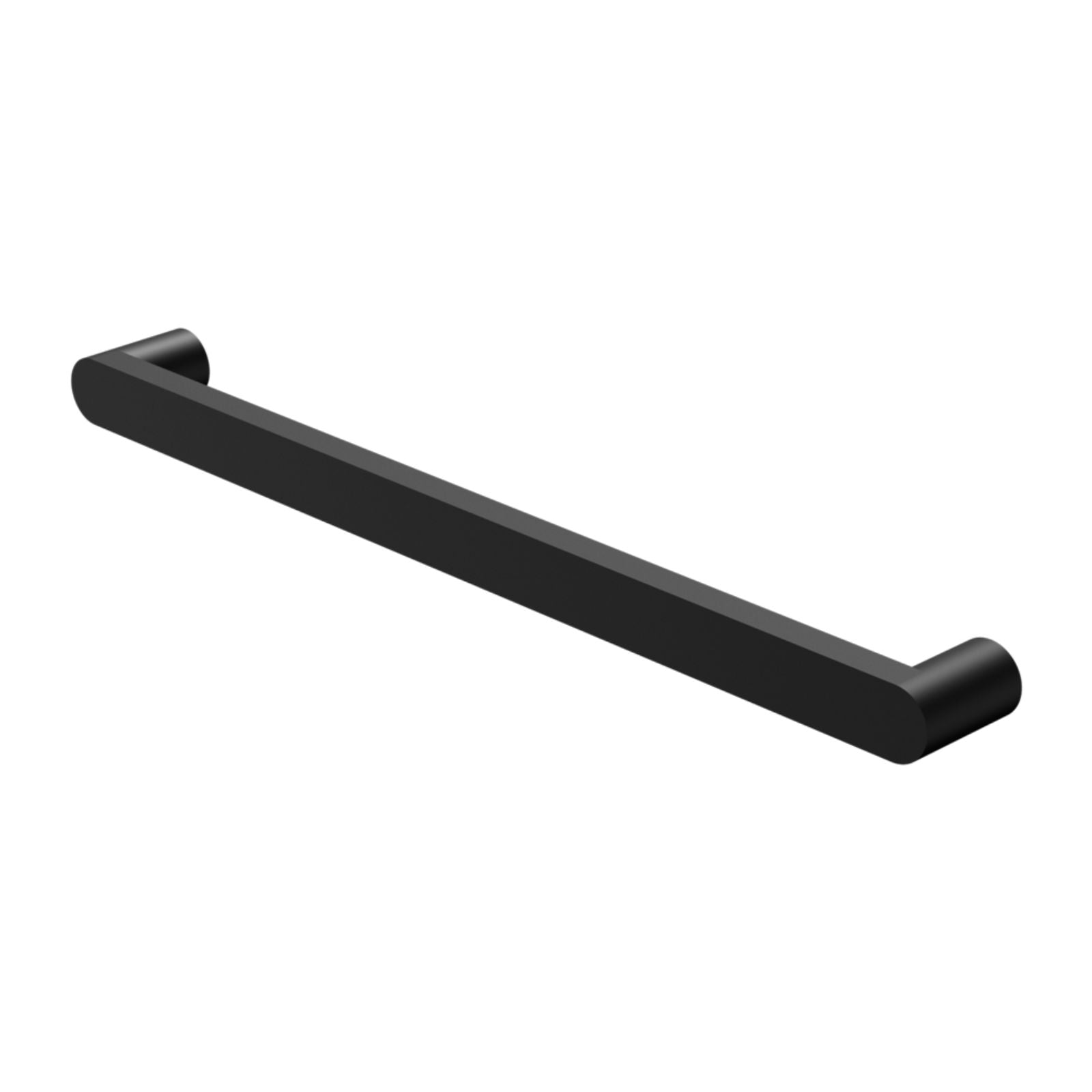 Nero Bianca single heated towel rail in matte black, single-bar round design, angled view on white background