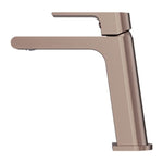 Nero Bianca basin mixer tap in brushed bronze, side view with sleek curved spout and lever handle