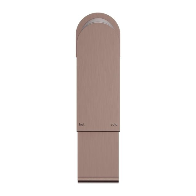 Nero Bianca basin mixer tap in brushed bronze, top view, with hot and cold markings and rounded chrome detail