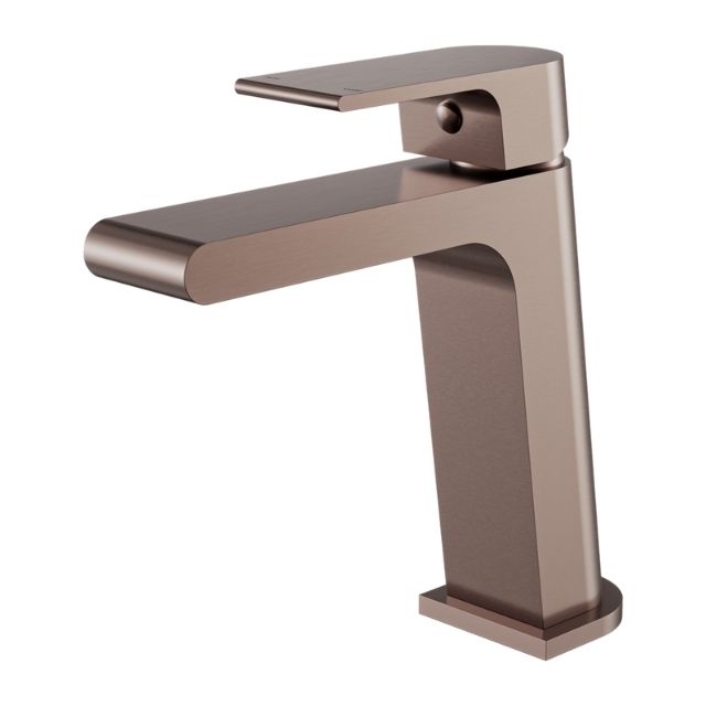 Nero Bianca basin mixer in brushed bronze, square modern tap shown on white background