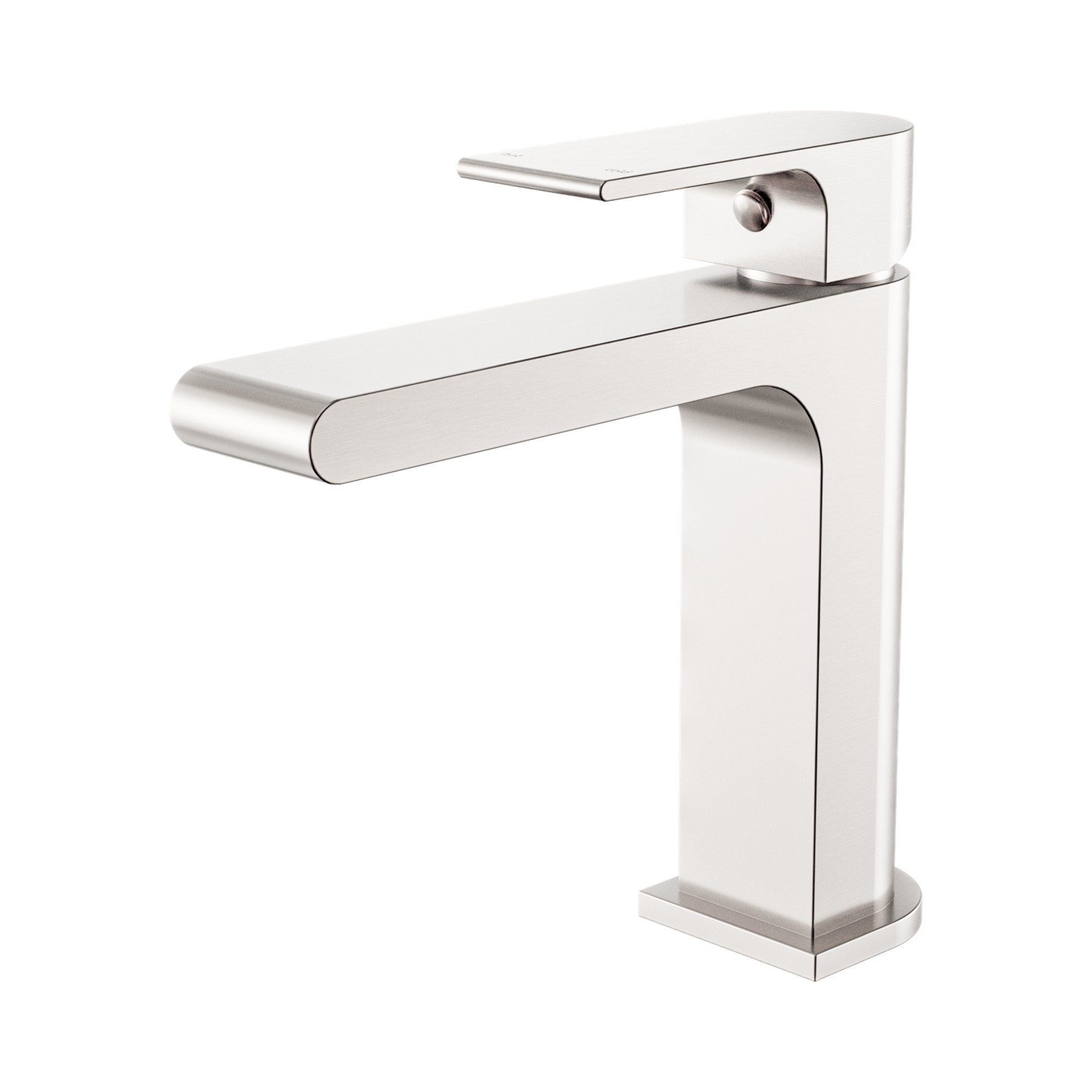 Nero Bianca basin mixer in brushed nickel with straight spout, shown on white background from front angle