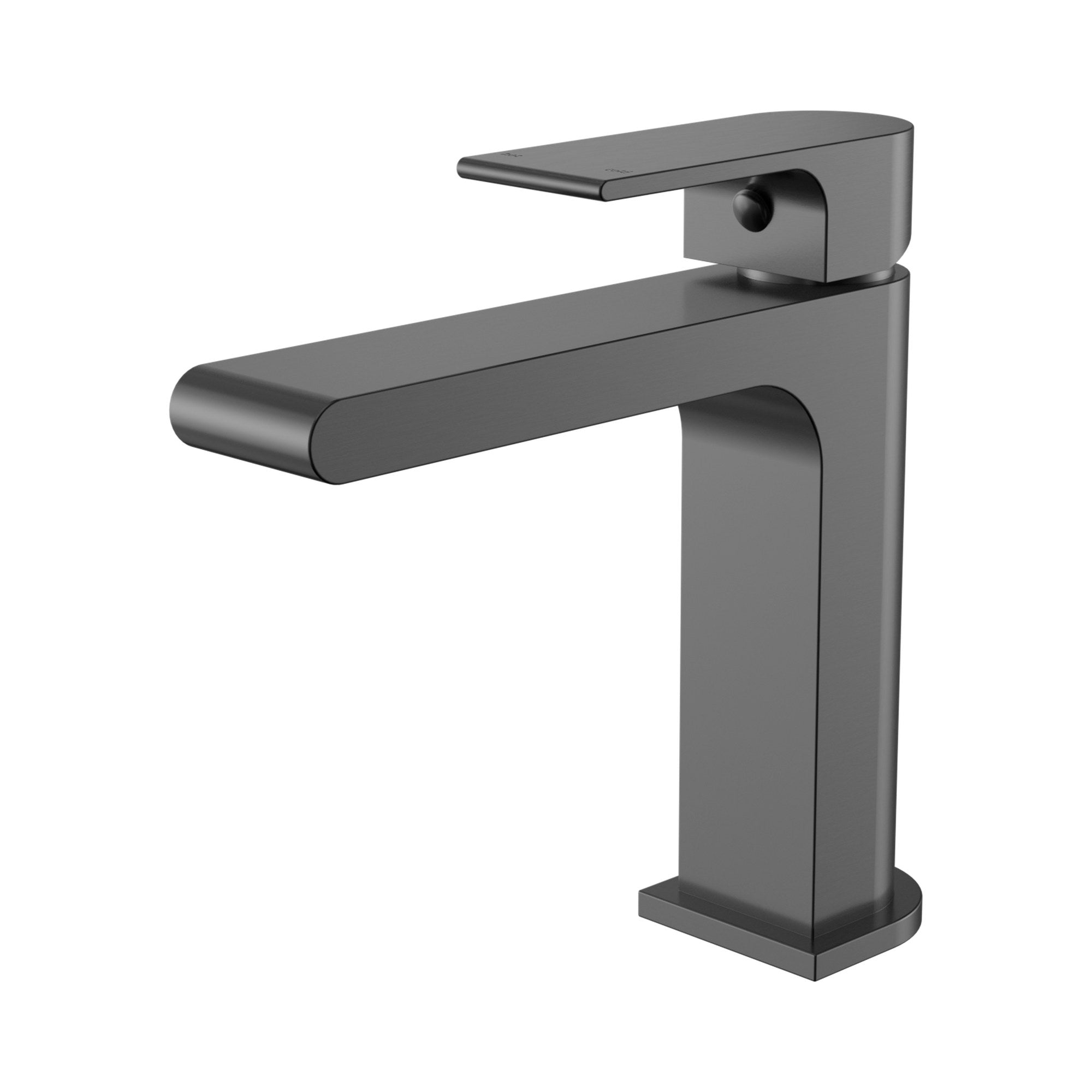 Nero Bianca gun metal basin mixer with straight spout and slim rectangular body, front view on white background
