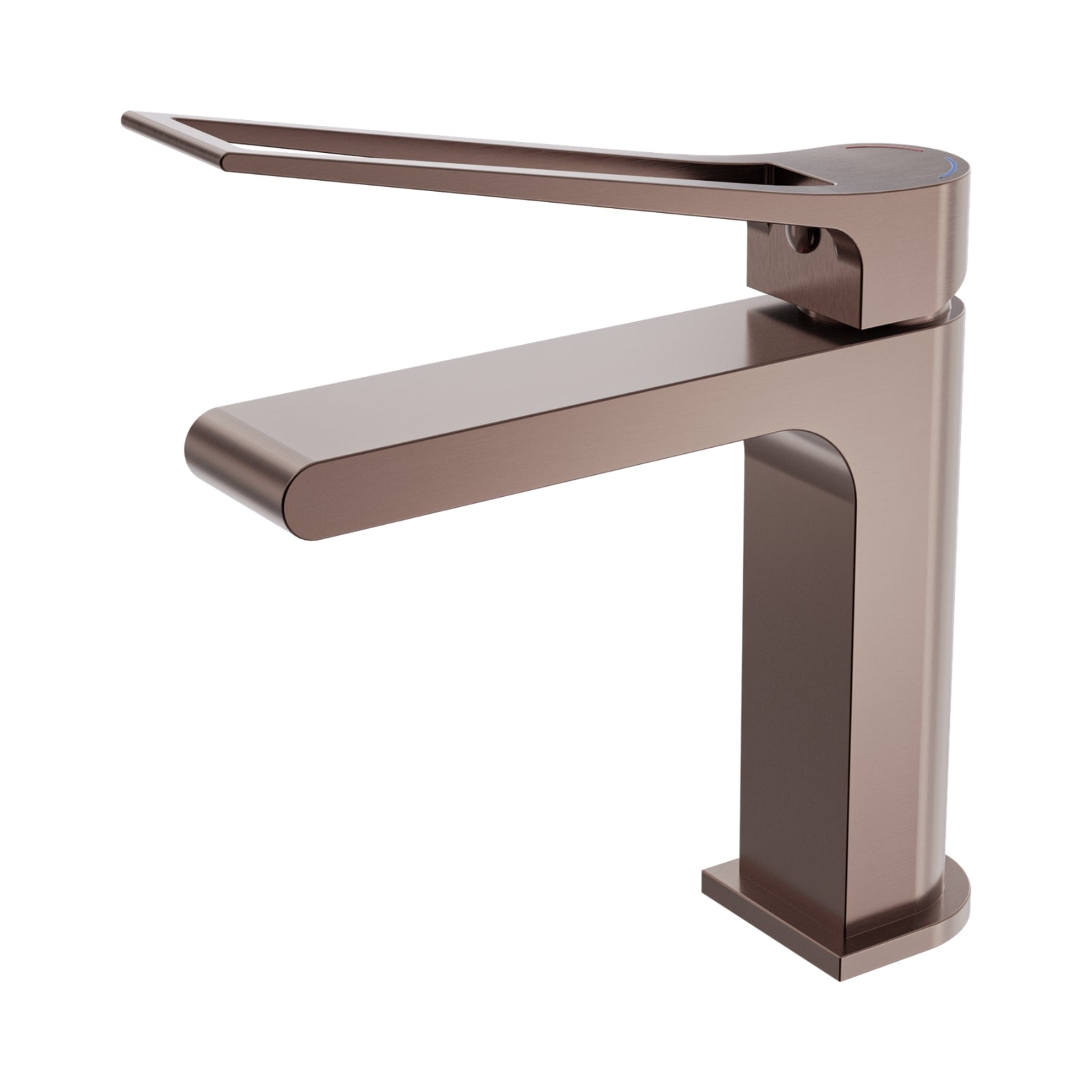 Nero Bianca Care basin mixer in brushed bronze, shown in side view with extended lever handle and square base