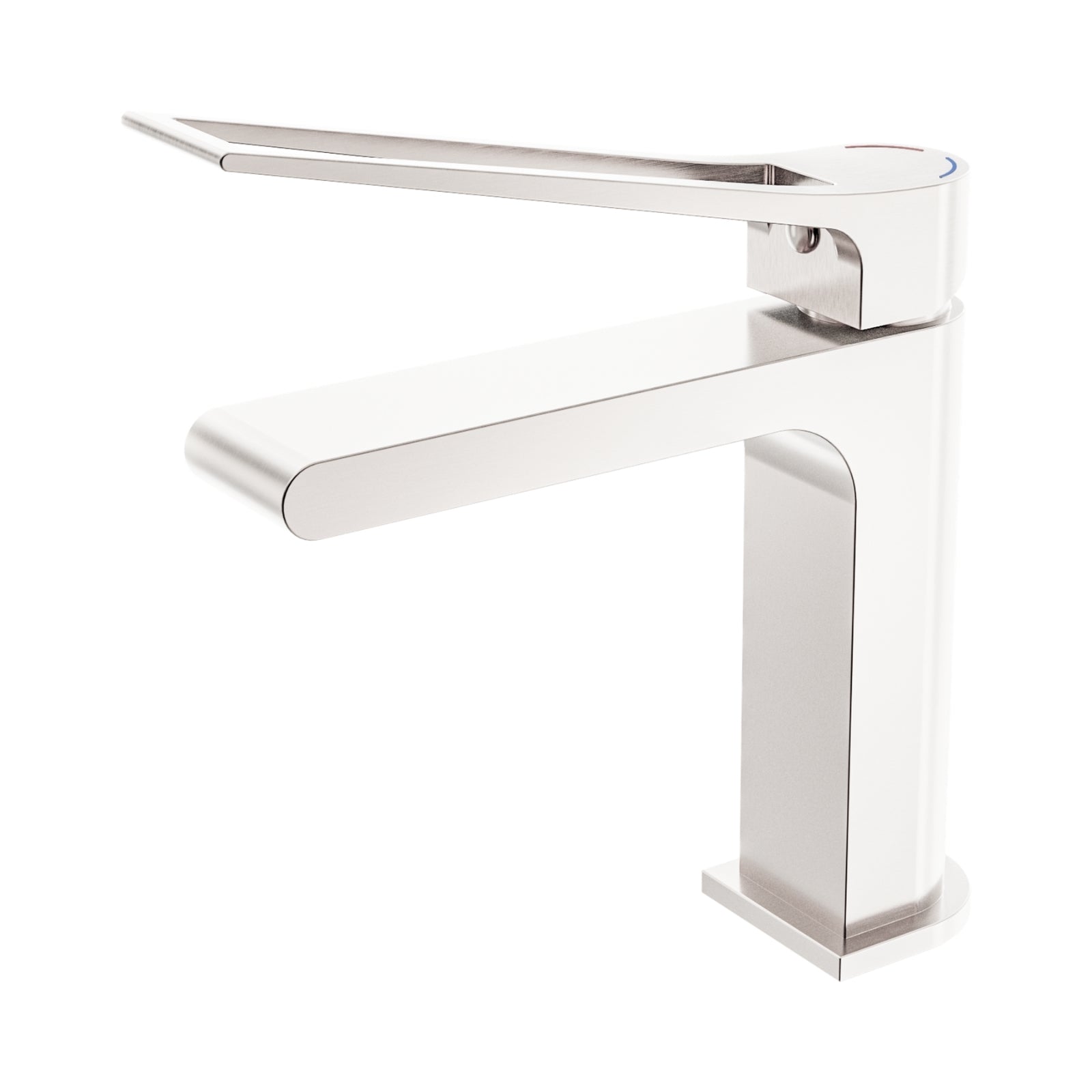 Nero Bianca Care basin mixer in brushed nickel, shown in close-up with extended accessible handle and modern square design