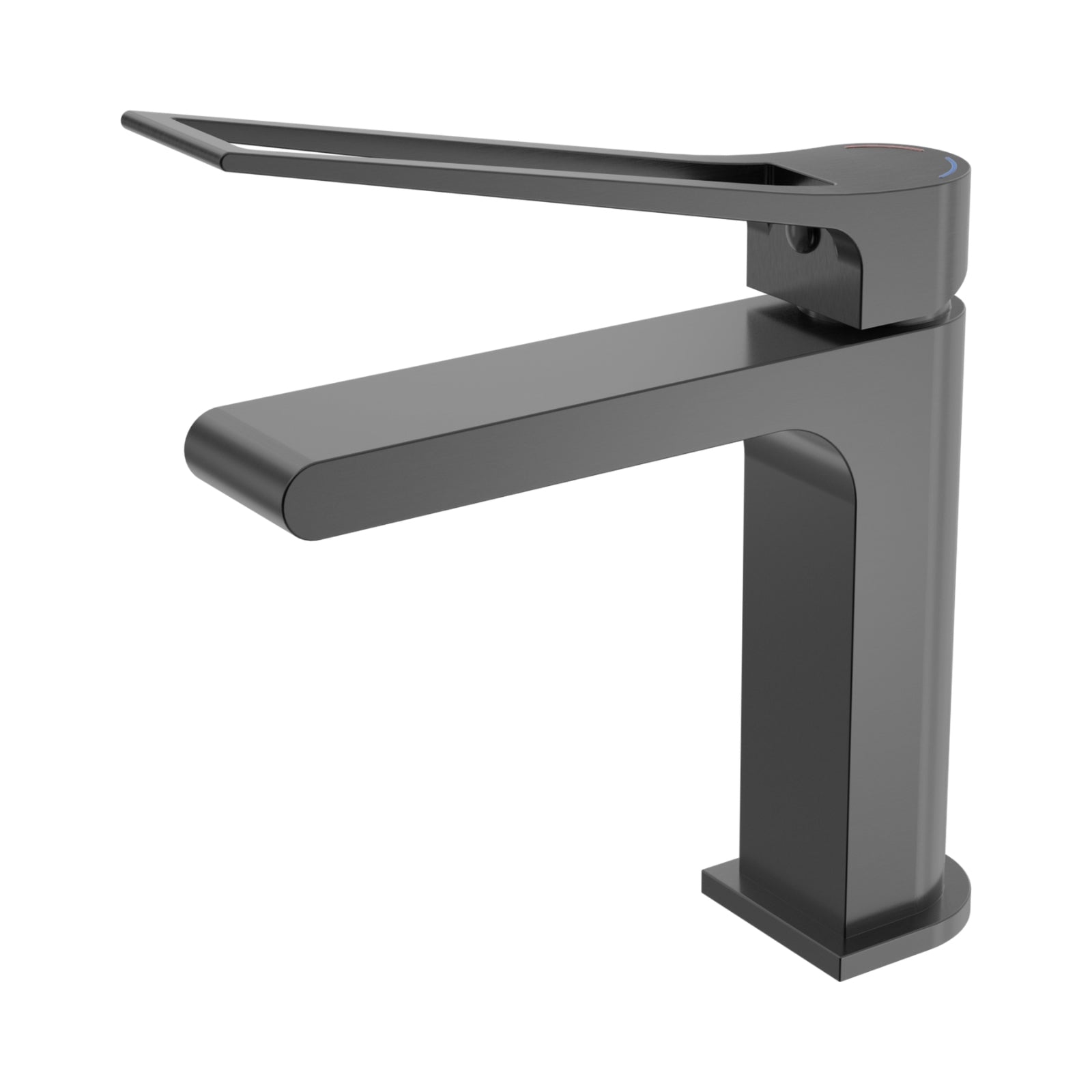 Nero Bianca Care basin mixer in gunmetal, with sleek lever handle and modern angular design on white background