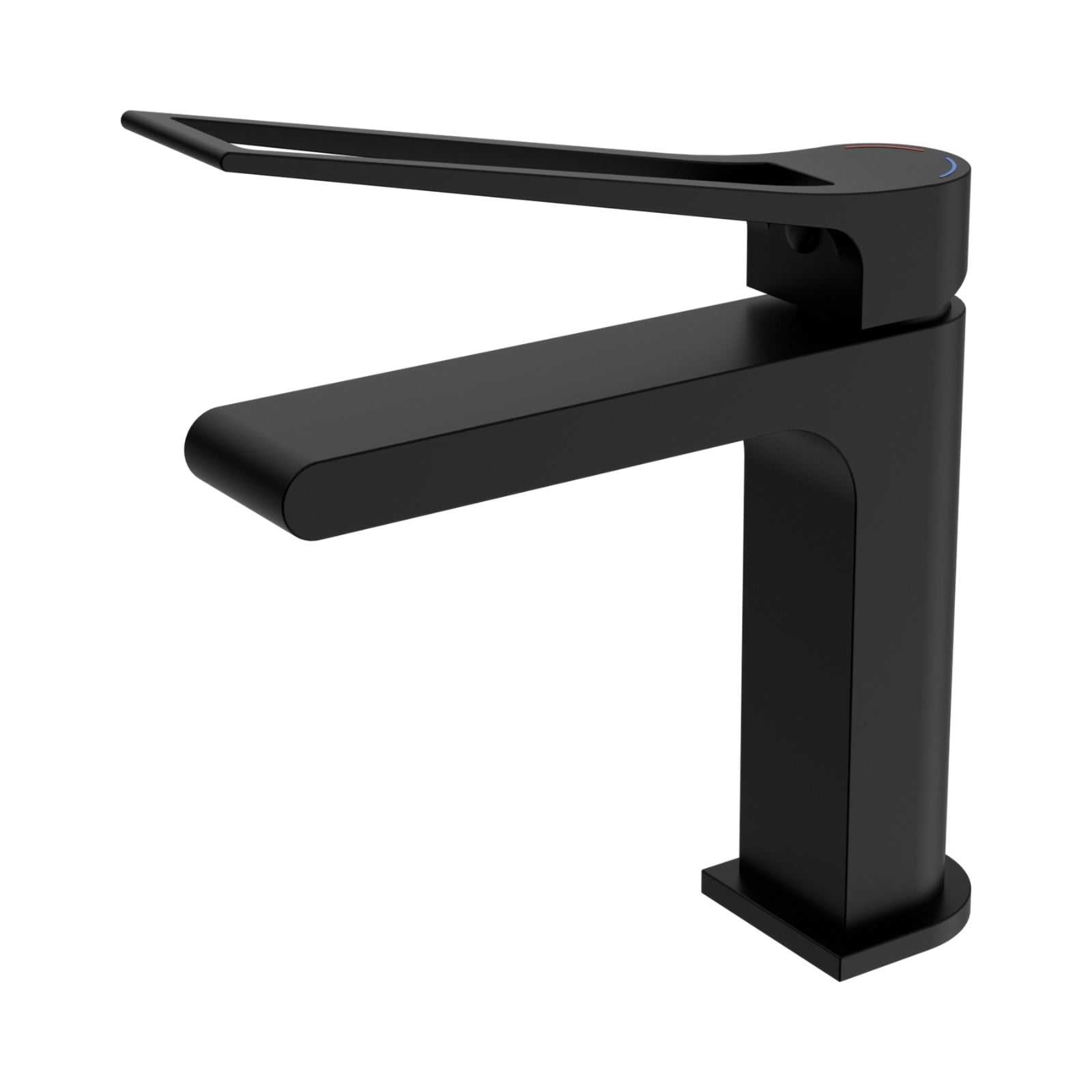 Nero Bianca Care basin mixer in matte black, shown in a modern side view with long lever handle and square base.