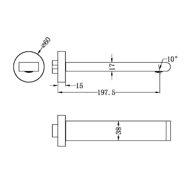Nero Bianca fixed basin/bath spout technical drawing in gun metal, showing 200mm reach and 60mm plate dimensions