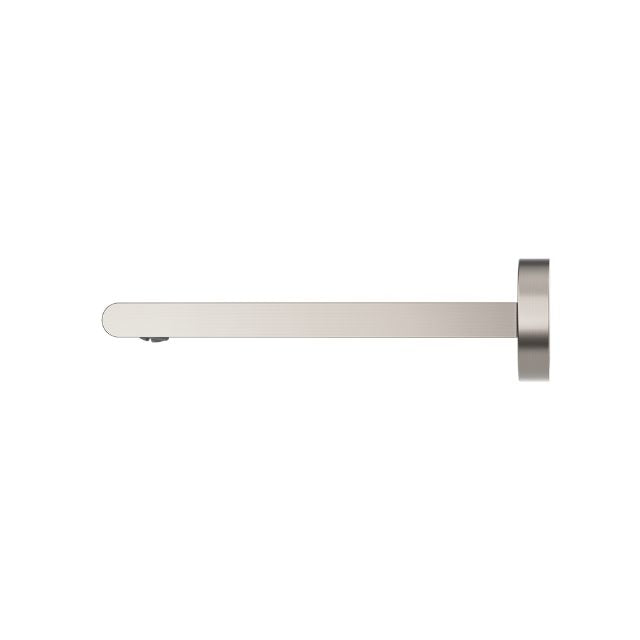 Nero Bianca fixed basin/bath spout, brushed nickel, wall-mounted side view with round plate and slim 240mm reach