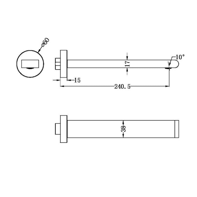 Technical drawing of Nero Bianca fixed basin/bath spout, brushed nickel, showing 240.5mm reach and 60mm plate size
