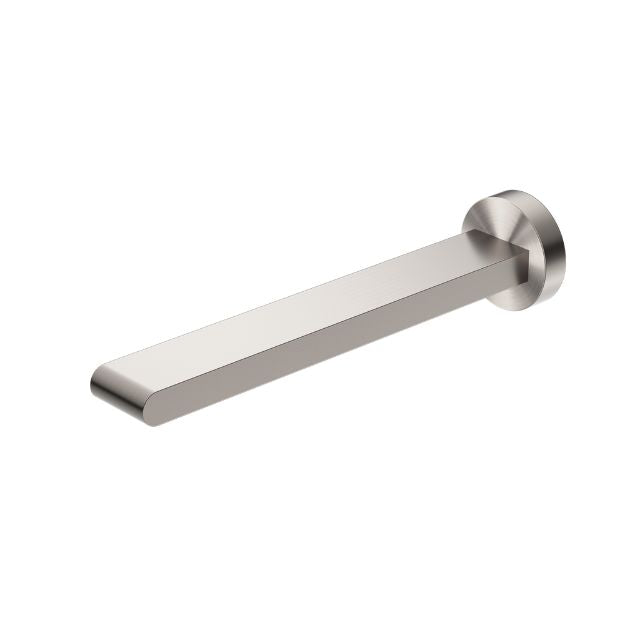 Nero Bianca fixed basin/bath spout in brushed nickel, wall-mounted with square 240mm reach and round plate, angled view