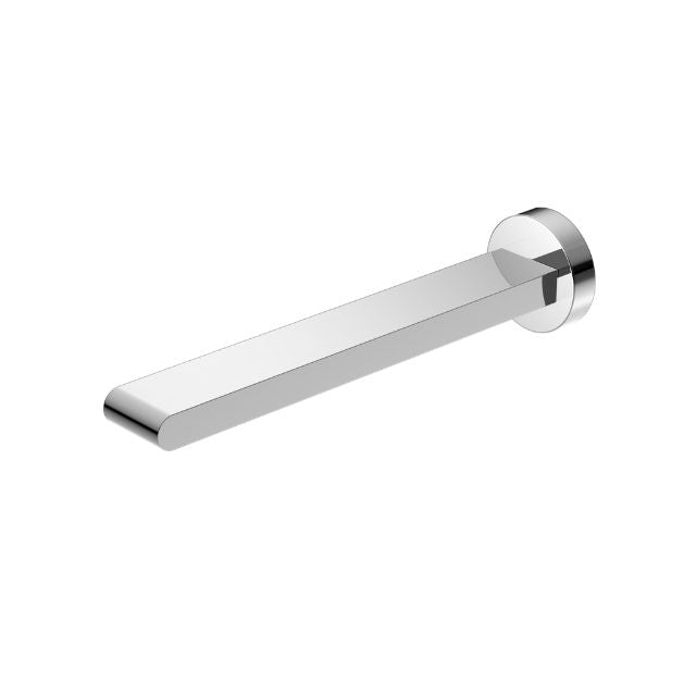 Nero Bianca fixed basin/bath spout in chrome, 240mm wall-mounted brass spout with round base plate, angled side view