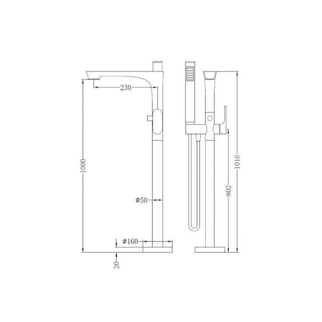 Nero Bianca freestanding bath mixer technical drawing, floor-mounted tap with hand shower, brushed bronze, dimensions shown