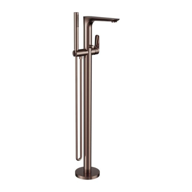 Nero Bianca freestanding bath mixer with hand shower in brushed bronze, floor-mounted with round base and fixed spout