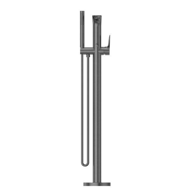 Nero Bianca freestanding bath mixer with hand shower in gun metal, floor-mounted tap with slim round mixer and hose on white background
