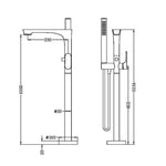 Nero Bianca freestanding bath mixer with hand shower, matte black, technical drawing with dimensions and floor-mounted base