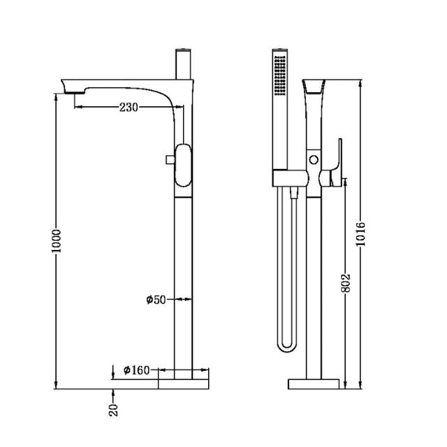 Nero Bianca freestanding bath mixer with hand shower, matte black, technical drawing with dimensions and floor-mounted base
