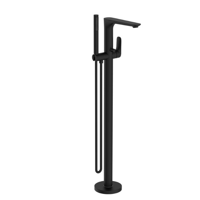 Nero Bianca freestanding bath mixer with hand shower in matte black, floor-mounted tap with round base and slim spout