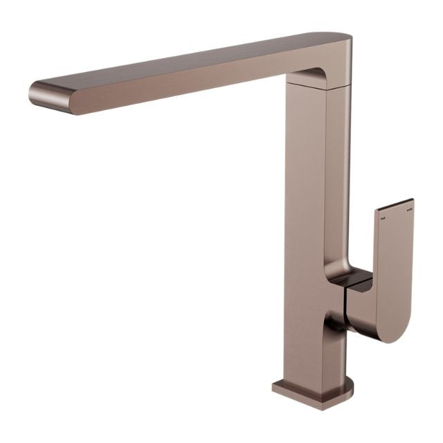 Nero Bianca kitchen mixer tap in brushed bronze, with tall square spout and side lever on hob-mounted base