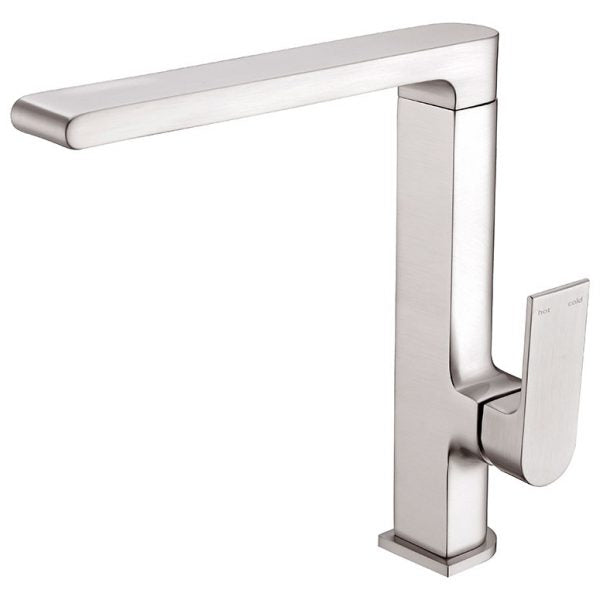 Nero Bianca kitchen mixer tap in brushed nickel with square base and curved spout, side lever on white background