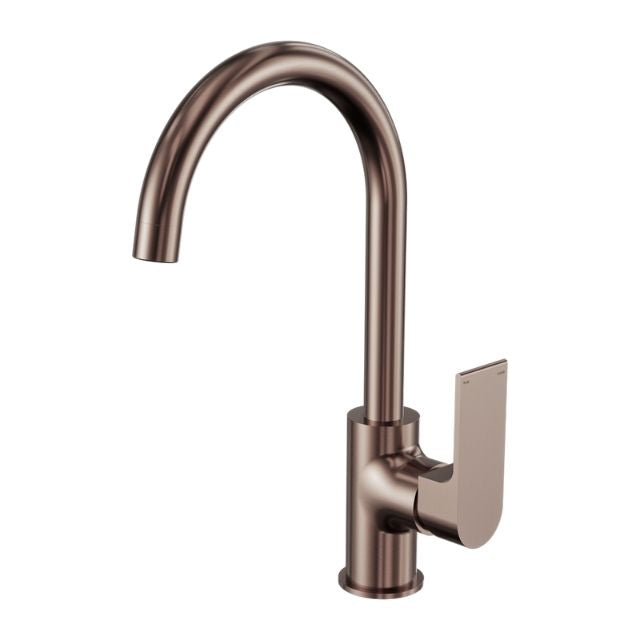 Nero Bianca kitchen mixer tap with gooseneck spout, brushed bronze finish, side lever on white background