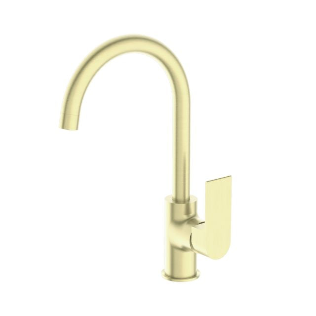 Nero Bianca gooseneck kitchen mixer tap in brushed gold, single-lever hob mounted brass sink mixer on white background