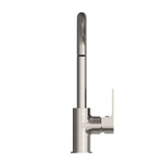 Nero Bianca kitchen mixer tap with tall gooseneck spout in brushed nickel, side view on white background