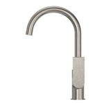 Nero Bianca kitchen mixer with tall gooseneck spout in brushed nickel, shown on white background