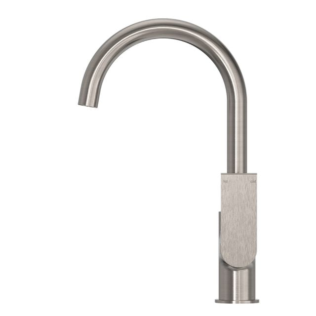 Nero Bianca kitchen mixer with tall gooseneck spout in brushed nickel, shown on white background