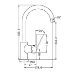 Nero Bianca gooseneck kitchen mixer technical drawing in chrome, showing dimensions and side profile of the tap