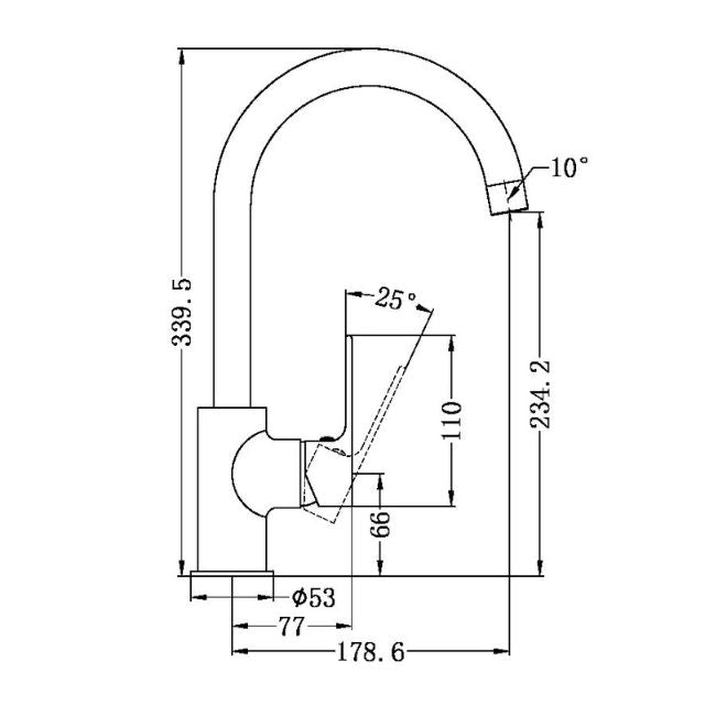 Nero Bianca gooseneck kitchen mixer technical drawing in chrome, showing dimensions and side profile of the tap