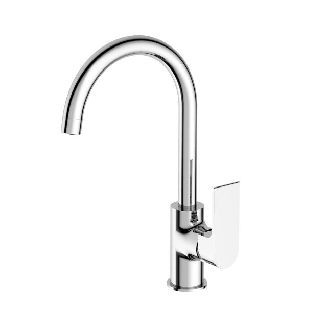 Nero Bianca chrome kitchen mixer tap with tall gooseneck spout and side lever, hob mounted on white background