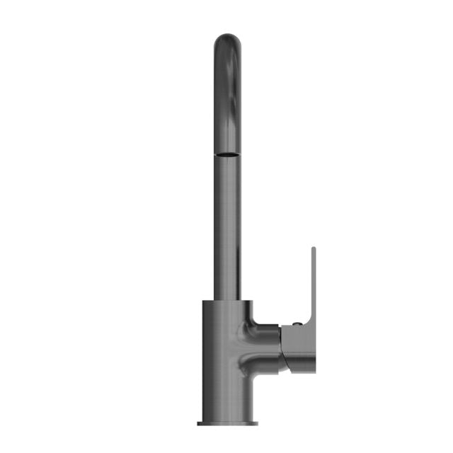 Nero Bianca gooseneck kitchen mixer tap in gun metal, side view with single lever handle and tall curved spout