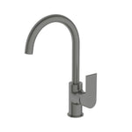 Nero Bianca kitchen mixer tap in gun metal, with tall gooseneck spout and single lever handle on white background
