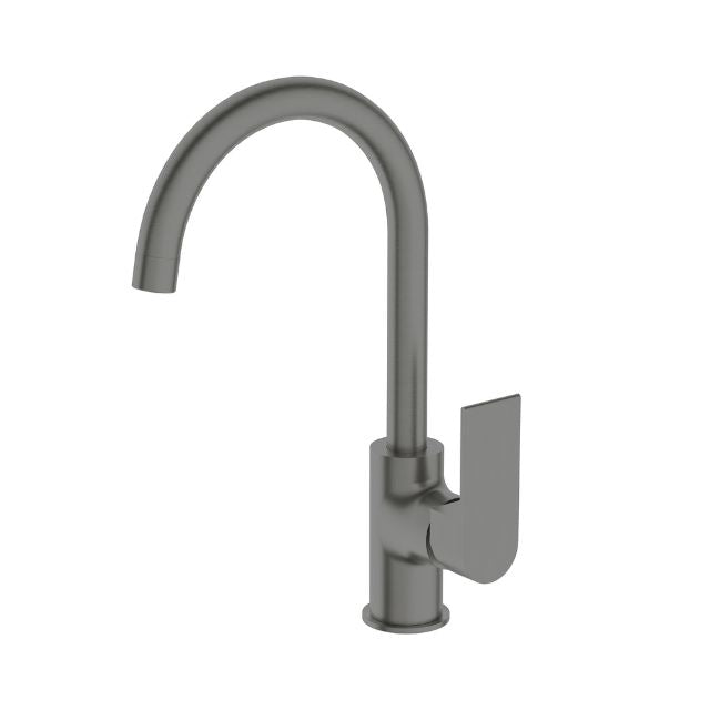 Nero Bianca kitchen mixer tap in gun metal, with tall gooseneck spout and single lever handle on white background